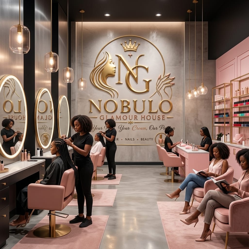 Blush pink salon waiting lounge with velvet seating and retail shelves